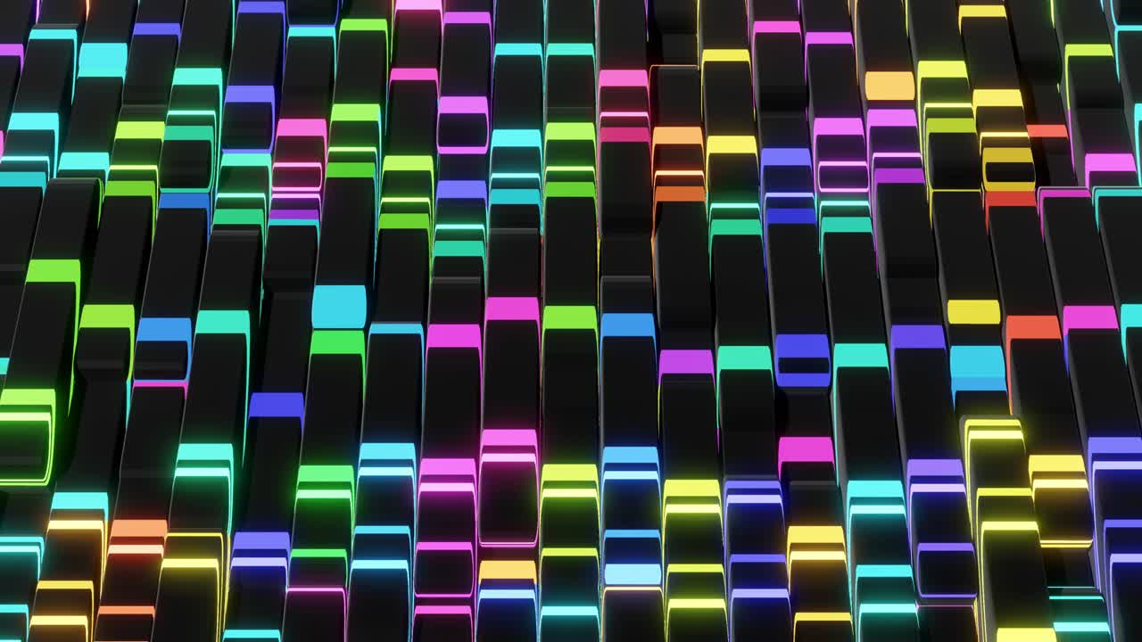 4k abstract looped dark background with black blocks like plates, keys or sticks in a rows on plane like light bulbs, running multicolor neon lights. Vj loop for beat music, festive show