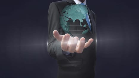 animation of globe spinning over businessman hand in background