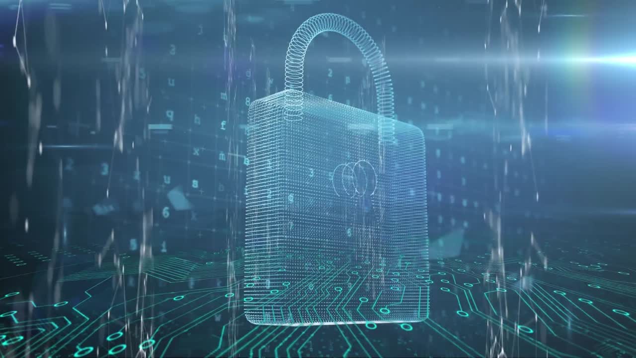 Animation of online security padlock with data processing in background