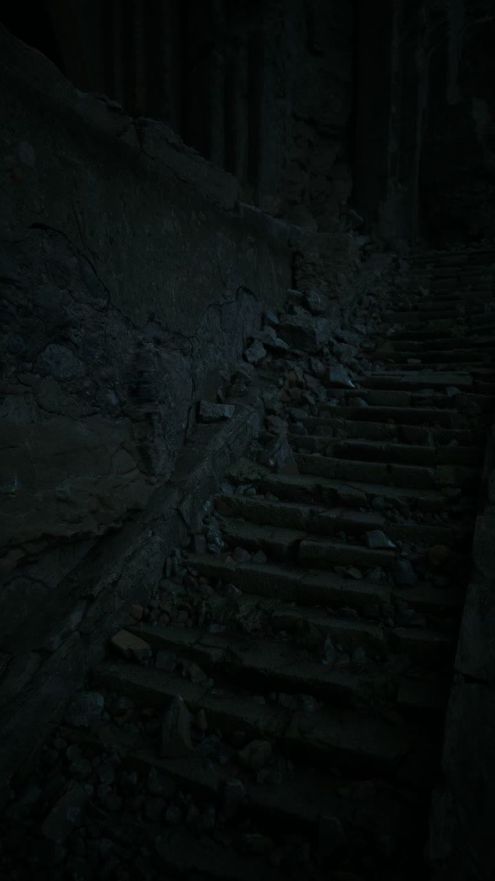 Mysterious stone steps winding through an ancient forest at dusk