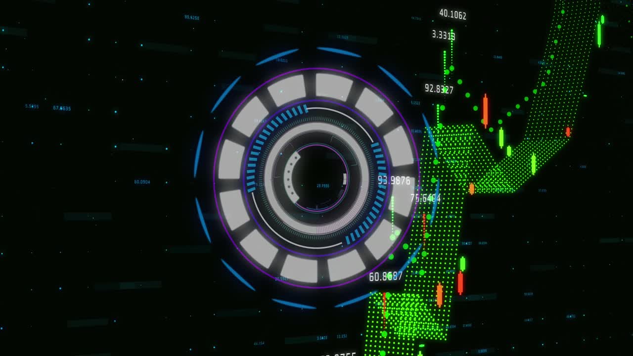검은 바탕에 금융 데이터 처리 위에 회전하는 네온 둥근 스캐너의 애니메이션