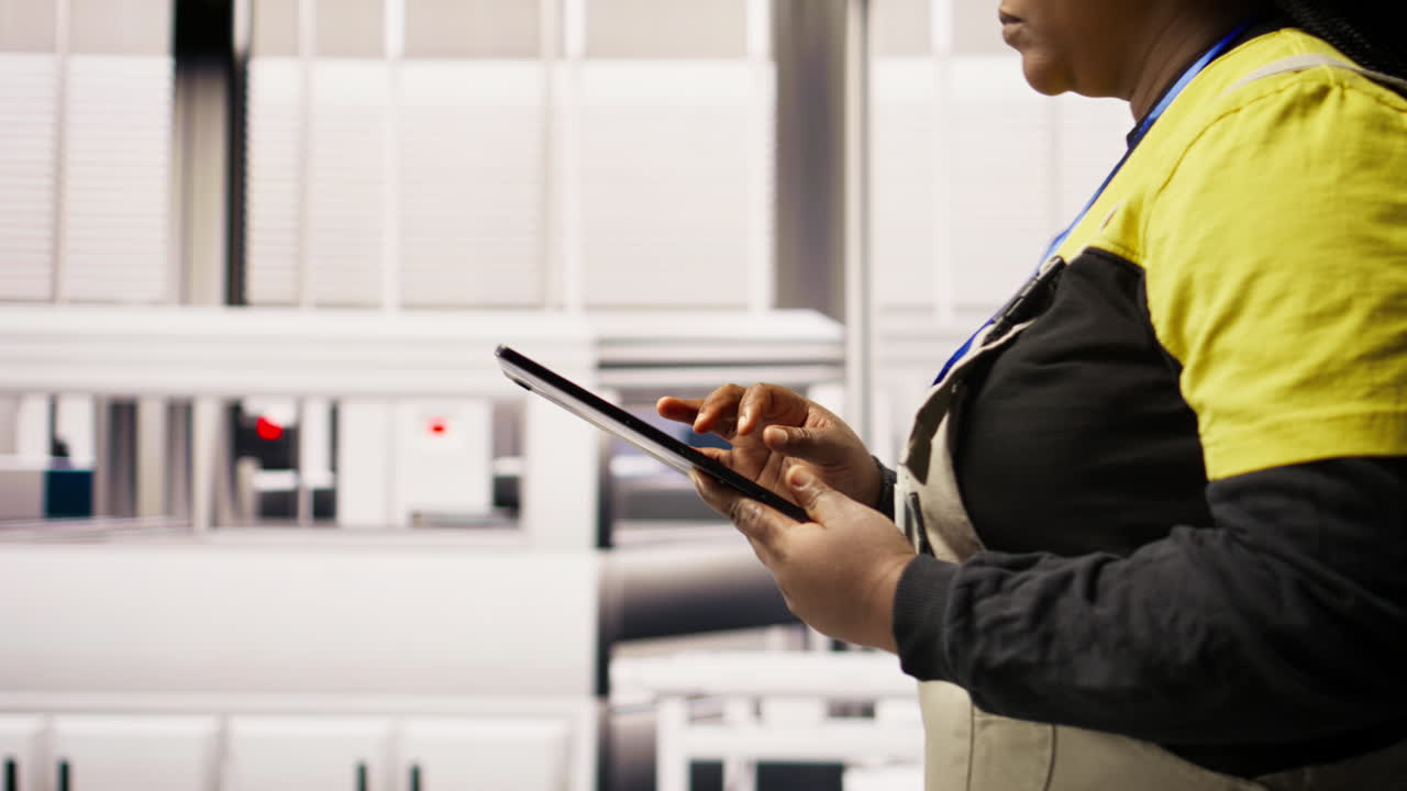 Vertical video Engineer in smart factory oversees robotic assembly lines using tablet app