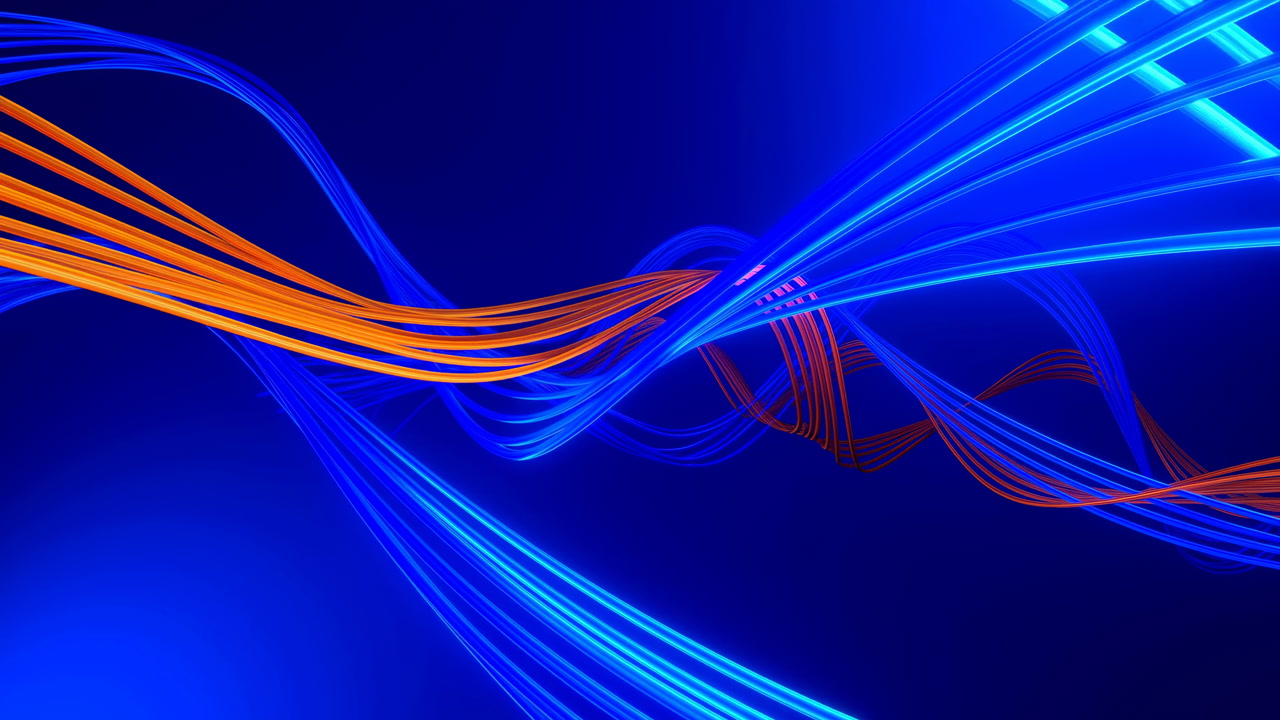 Vibrant Blue And Orange Ribbons Of Light Weaving Across Dark Field, Dynamic Streams And Glowing Streaks Create