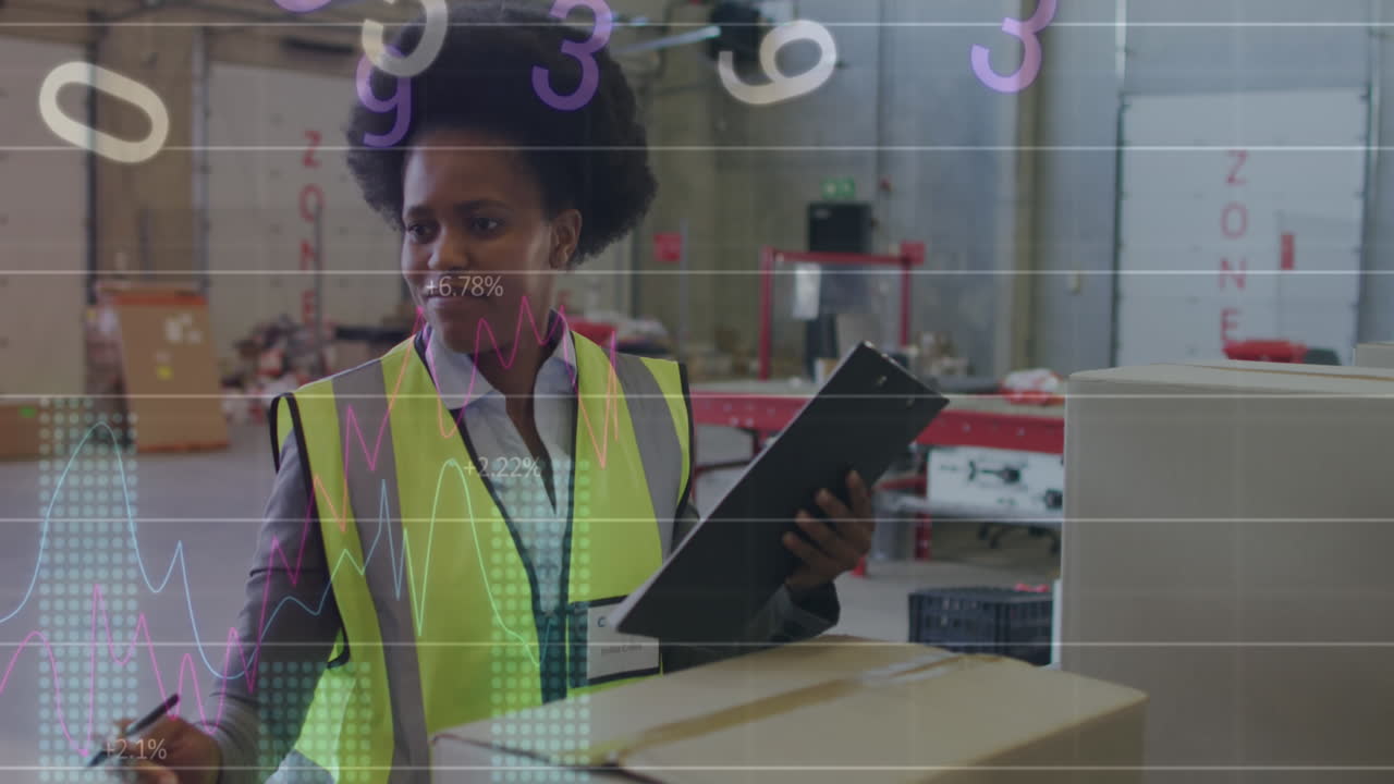 Animation of statistics and data processing over african american woman working in warehouse