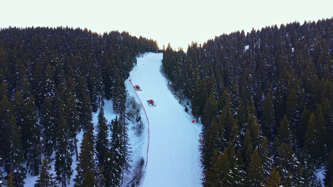 Vista aerea di gatti delle nevi che preparano una pista da sci in una foresta invernale