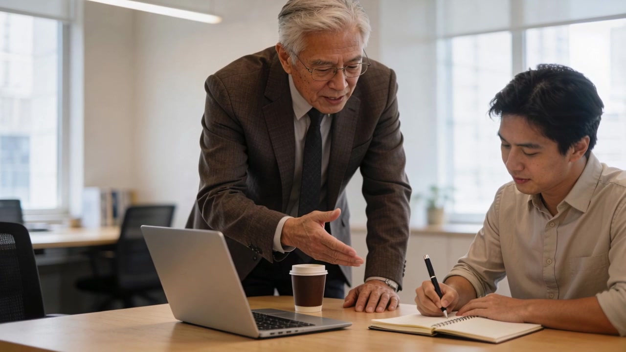 Manager in giacca e cravatta che si china e indica un laptop in ufficio, mentre esamina un dipendente che prende appunti.