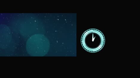 animation of moving clock, blue circles and dust over black background