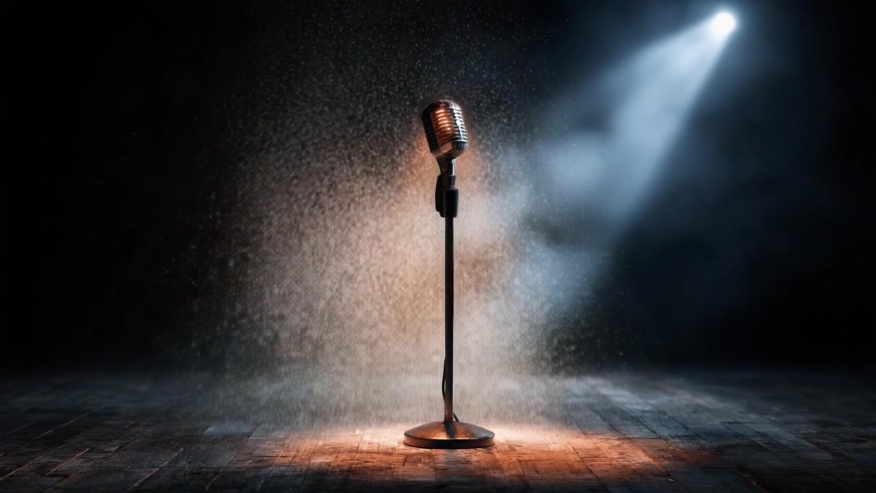 Un Microfono Mozzafiato Posto su uno Sfondo Scuro con Illuminazione ed Effetti Atmosferici Che Cattura l'Essenza di un Palco da Performance