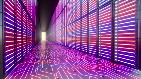 centro de datos con red de servidores, base de datos de red blockchain, bastidores y pilas con luces de neón que crean un largo corredor, animación 3d