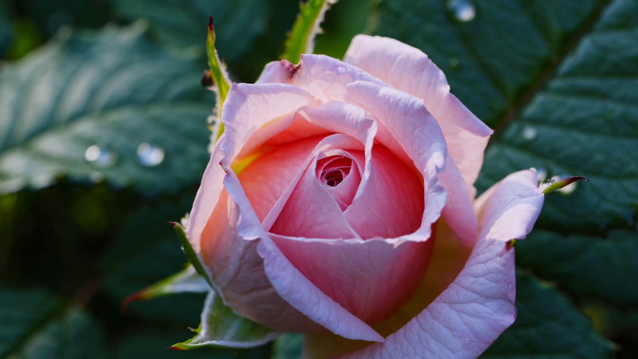 Close-up video shot of a dewy pink rosebud surrounded by green leaves, captured from a low angle