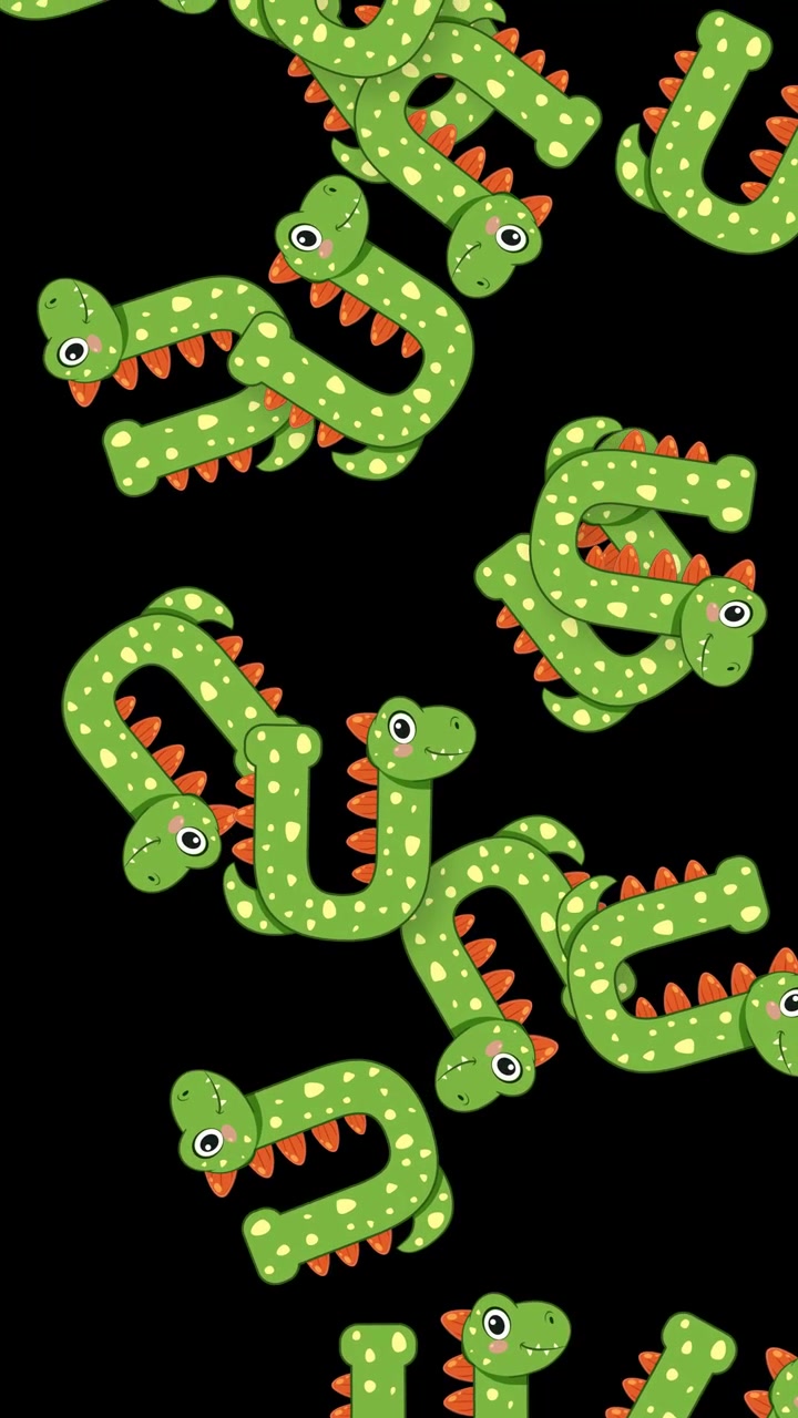 Simpatici dinosauri verdi a cartone animato cadono verticalmente in un'animazione giocosa su uno sfondo nero.