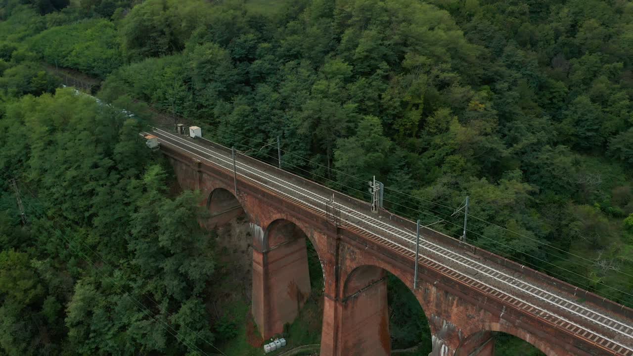 vista aérea. viejo puente ferroviario. tren se mueve a través del puente
