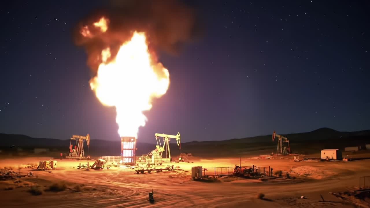 Flames Rise From Oil Rig at Night With Starry Sky Illuminating the Landscape