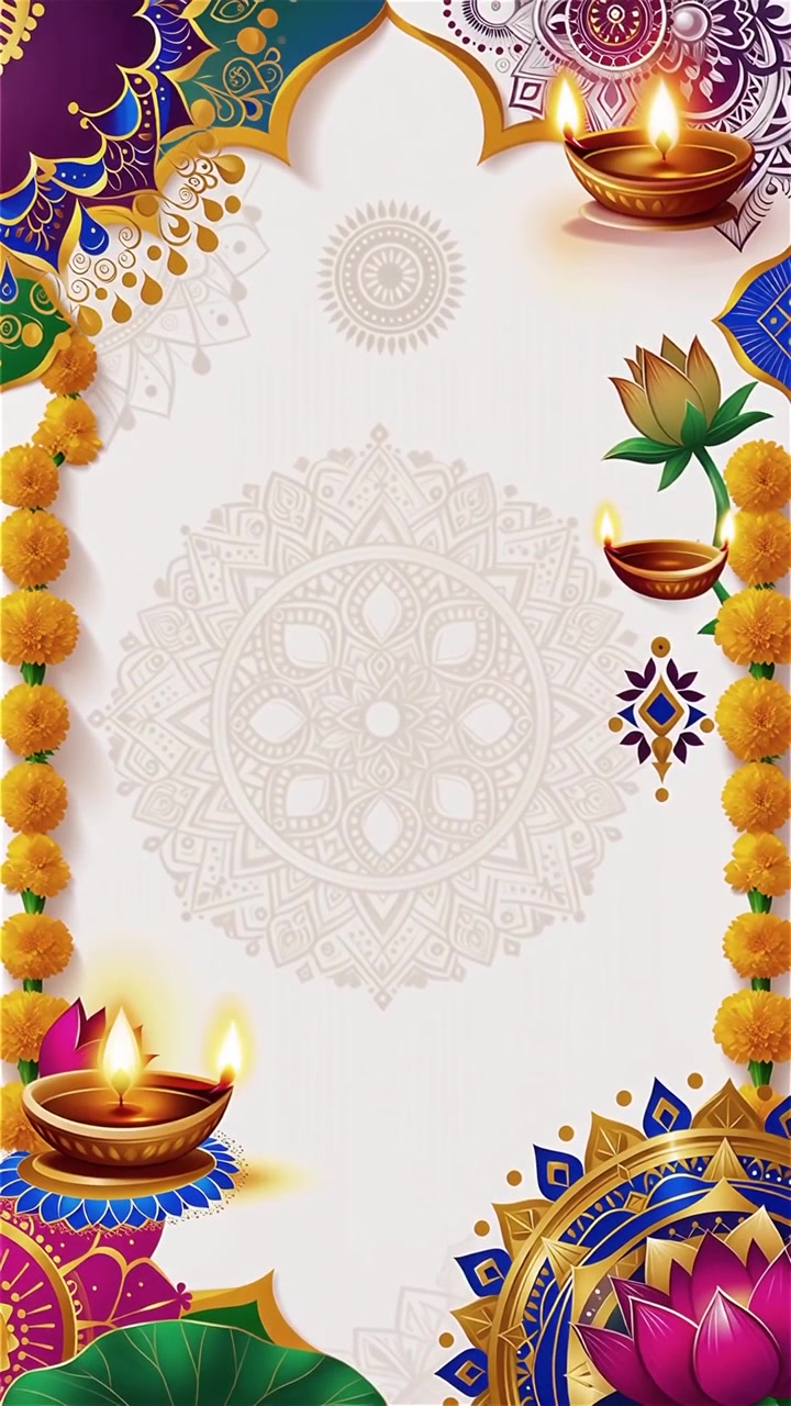 Sfondo Diwali con Diyas luminosi, Rangoli e fiori di loto