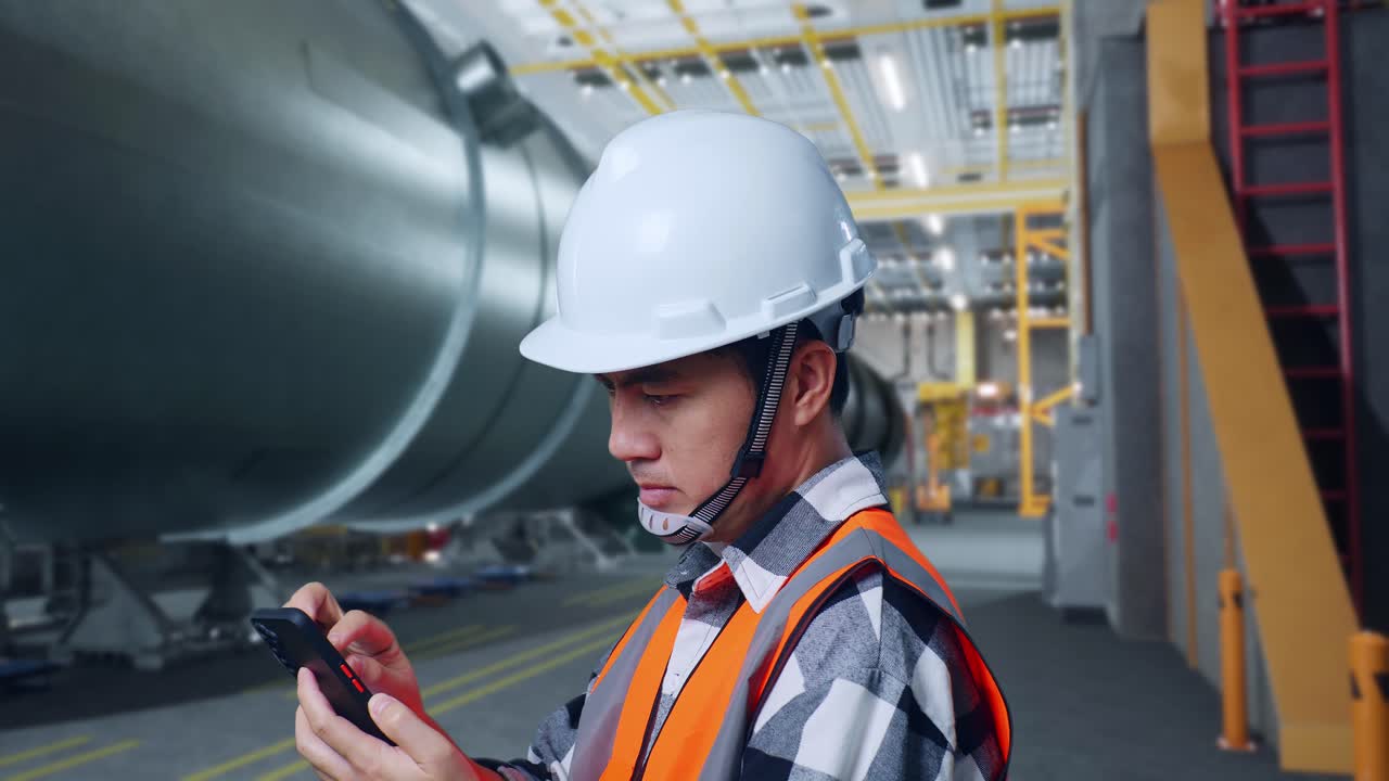 Vista lateral aproximada de engenheiro asiático com capacete de segurança usando smartphone enquanto está em pé em uma fábrica de tubos.
