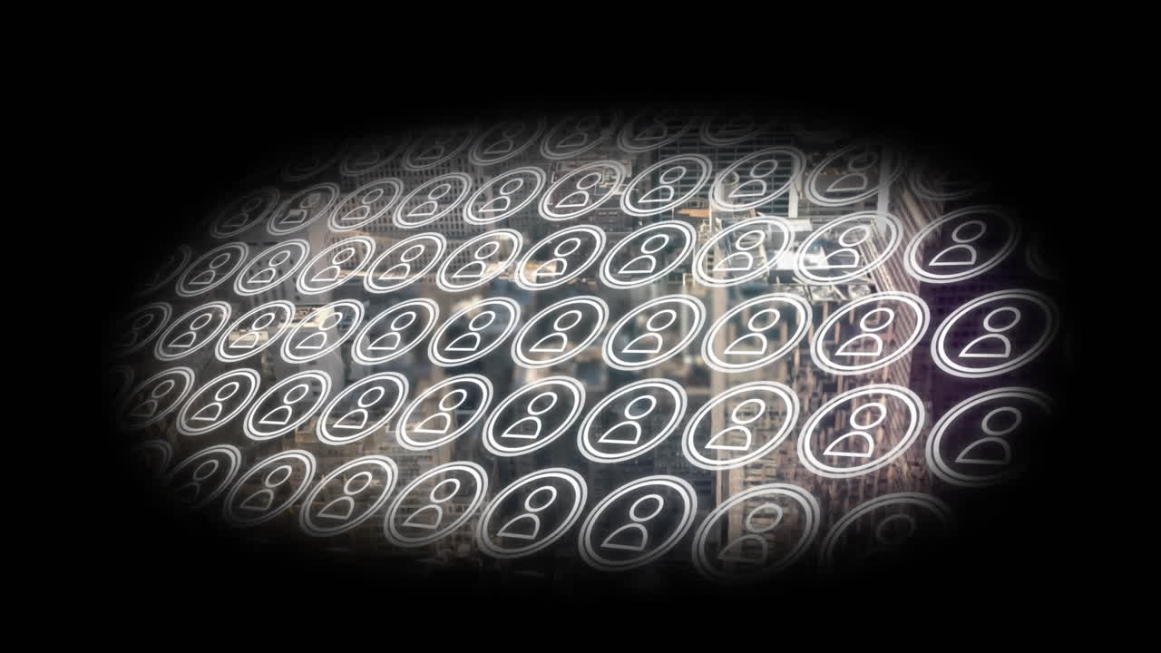 현대 도시 풍경 을 가로질러 움직이는 사람 들 의 아이콘 들 의 비네티드 그리드 의 애니메이션