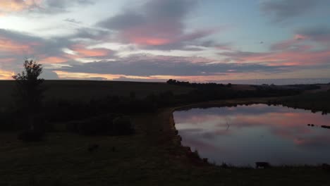 Drohne-Bei-Sonnenuntergang-In-Einer-Kleinen-Stadt-Im-Landesinneren-Brasiliens-Mit-Dem-Hintergrund-Einer-Sojabohnenernte