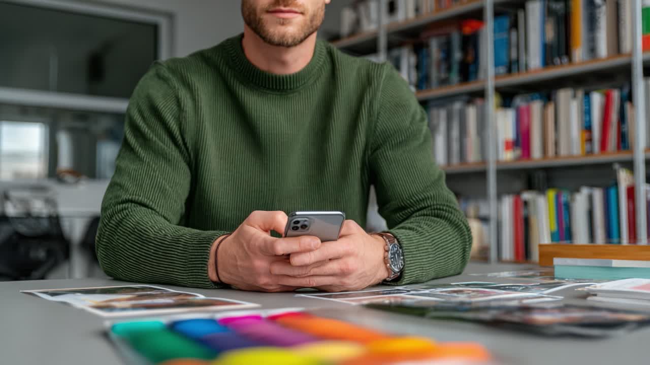 Focused Individual Engaging with Smartphone Among Colorful Swatches and Photographs in a Modern Workspace