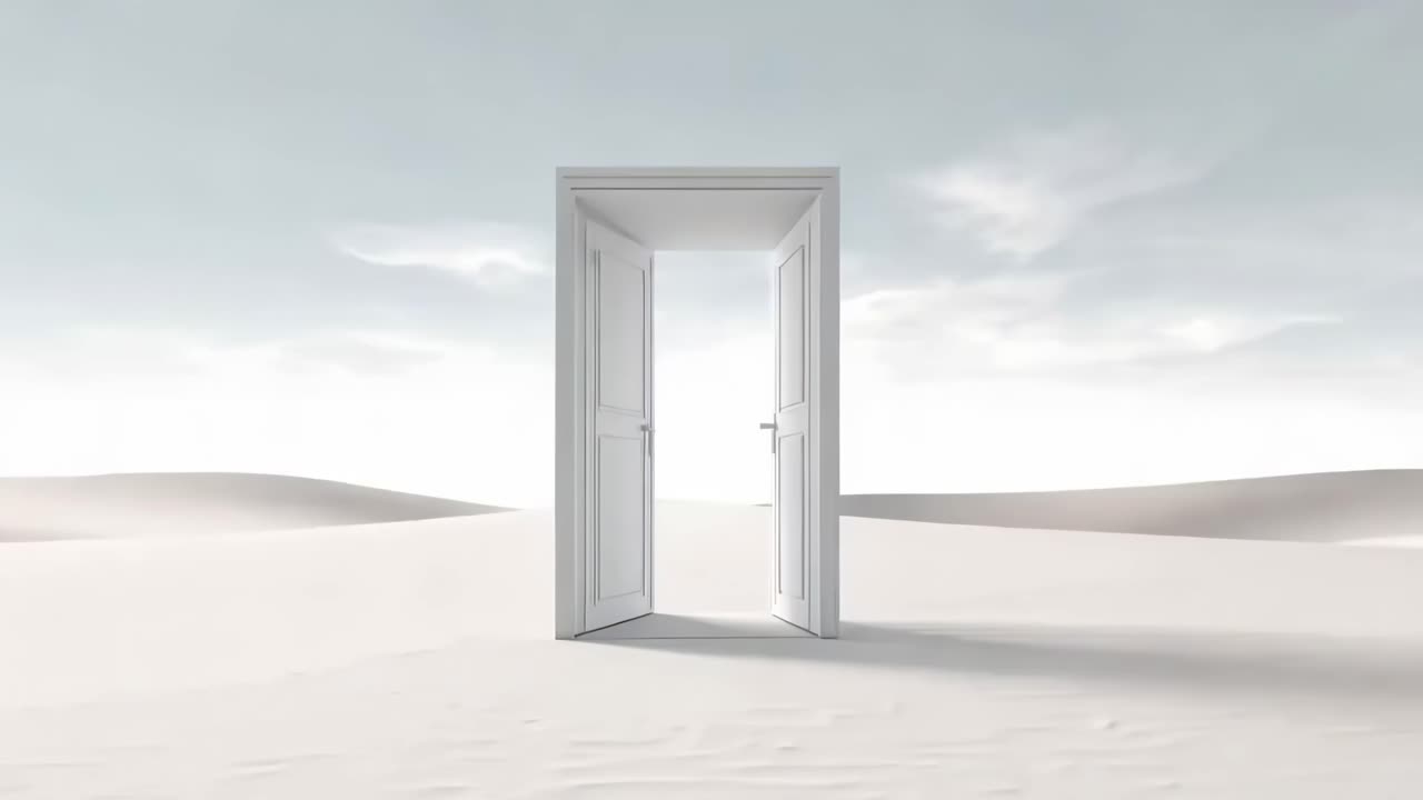 Surreal video concept of an open door in a vast desert landscape