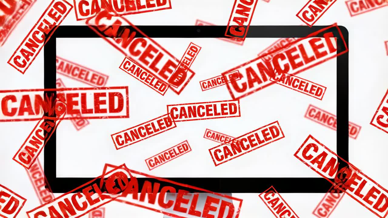 Monitor showing red CANCELED, animation starting, stamps filling and hiding screen, business use