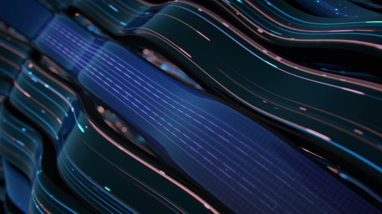 Glowing blue and orange light trails flow 3D render seamless loop animation