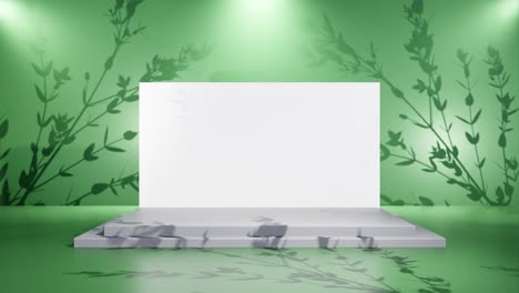 banner mockup with white screen on podium and shadows of branches with green colored background