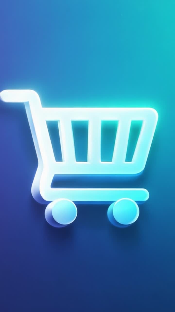 Icona stilizzata di carrello della spesa al neon su uno sfondo vibrante che simboleggia l'e-commerce e l'esperienza di vendita al dettaglio online