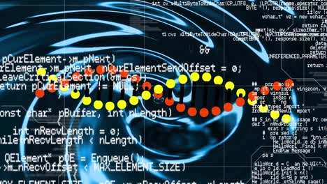 Animation-of-dna-strand-and-data-processing-over-black-background