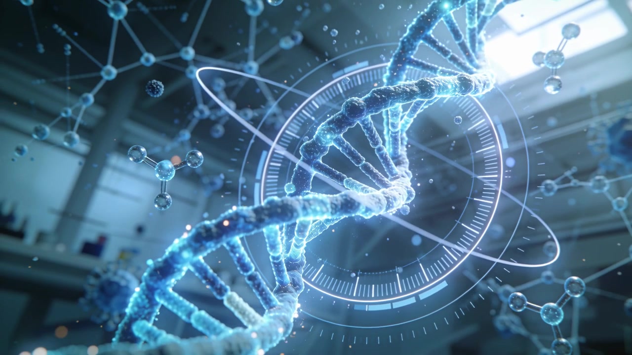 Elica di DNA rotante che si avvicina mentre la telecamera si muove in avanti in laboratorio per uno studio molecolare, con HUD in orbita.