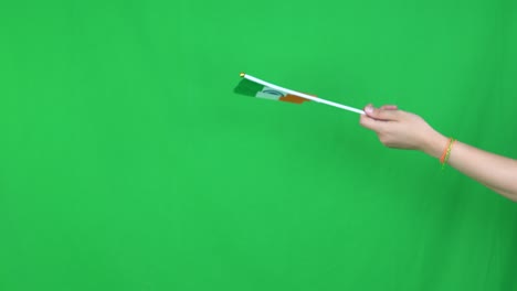 primer plano de una mano desconocida sosteniendo una bandera de la india en el fondo de la pantalla verde en el estudio. filmado en resolución 4k