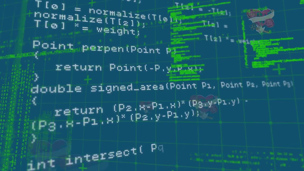 animación del procesamiento de datos y corazones sobre fondo azul