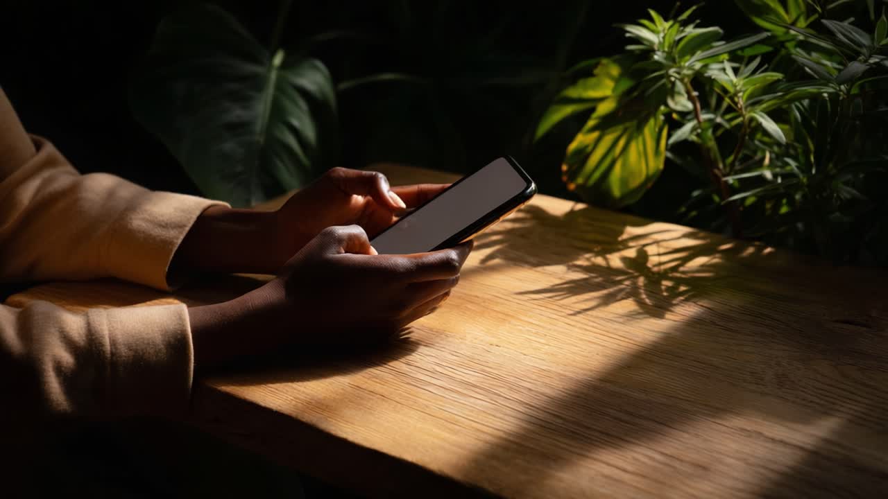 Catturare l'attimo di serenità: una persona usa il suo smartphone, circondata dal verde lussureggiante e da ombre delicate su un tavolo illuminato dal sole