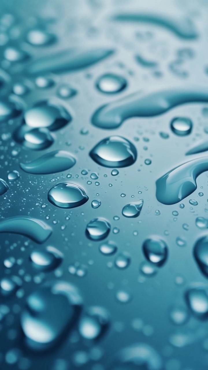 Macro close up of water or cosmetic serum droplets glistening on reflective smooth blue surface.