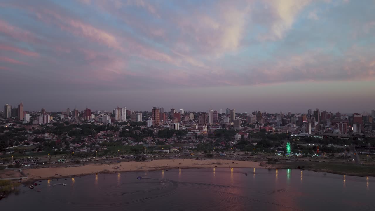 Aerial View Of Costanera Beach (Playa de La Costanera) At Dusk In Asuncion, Paraguay