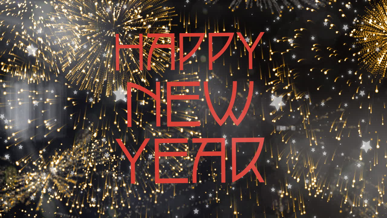 animación de texto de feliz año nuevo en rojo sobre oro fuegos artificiales sobre fondo negro