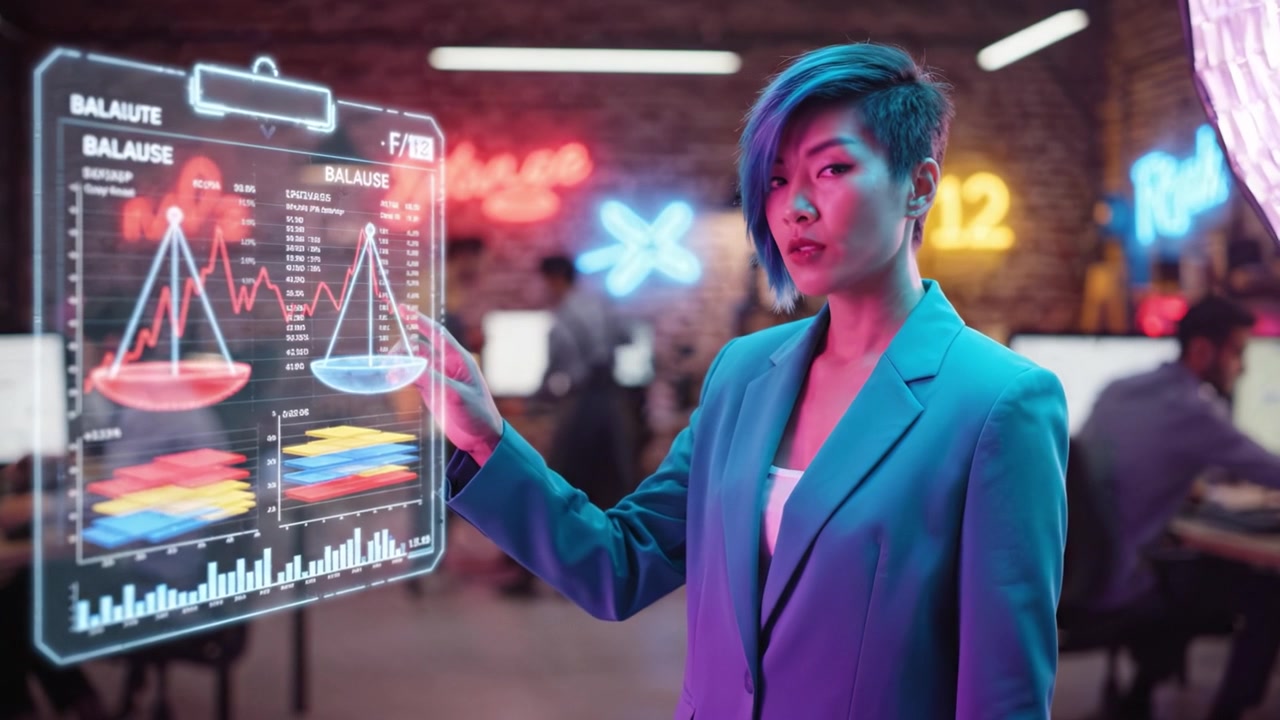 Innovative Businesswoman Analyzes Data Through Interactive Holographic Interface in a Modern Office with Vibrant Neon Backgrounds Reflecting Professionalism