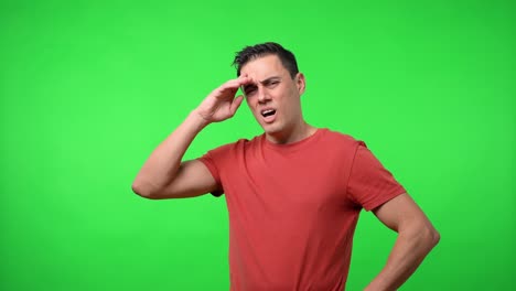 man in red t-shirt very exhausted, breathing hard