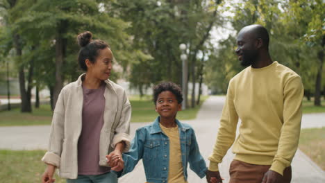 african american family holding hands and chatting on walk in park