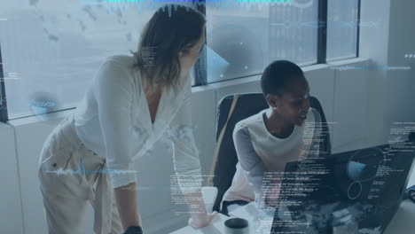 animación del procesamiento de datos financieros sobre diversas mujeres empresarias en la oficina