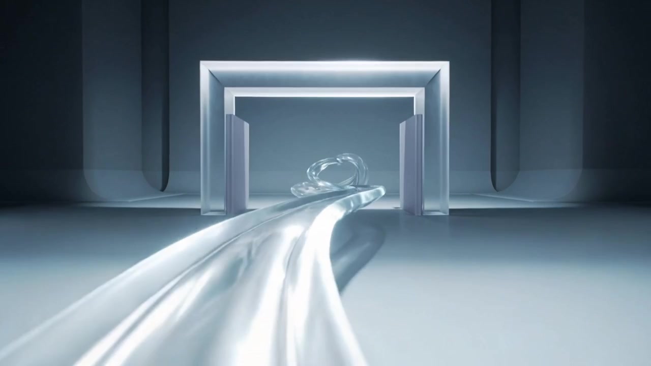 Entering frame glass ribbon flowing through corridor, sliding through rings and square portals