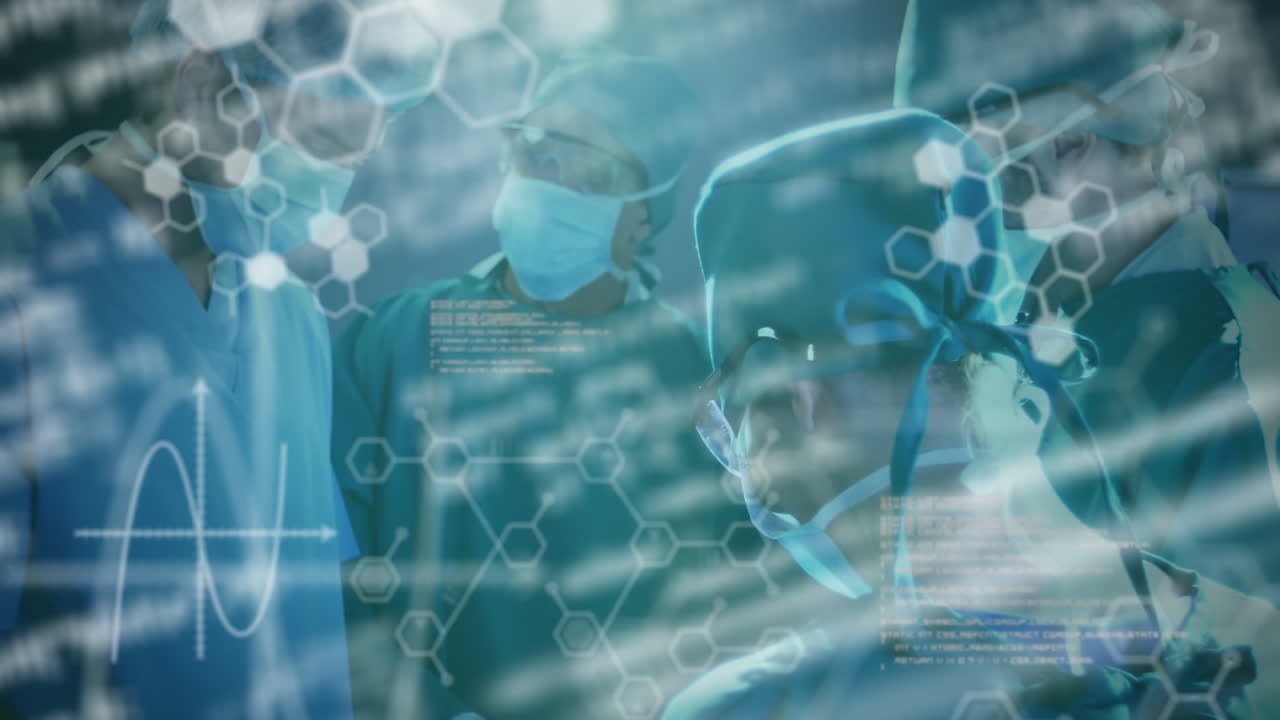 의료 데이터 처리 및 화학 화합물 구조의 애니메이션과 배경에서 의사