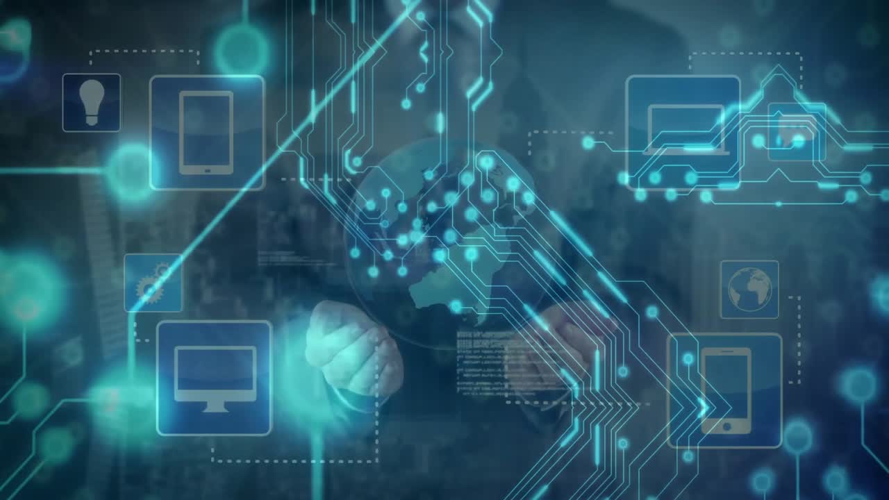 Glowing teal circuit overlays sparking man gesturing hands building holographic interface network