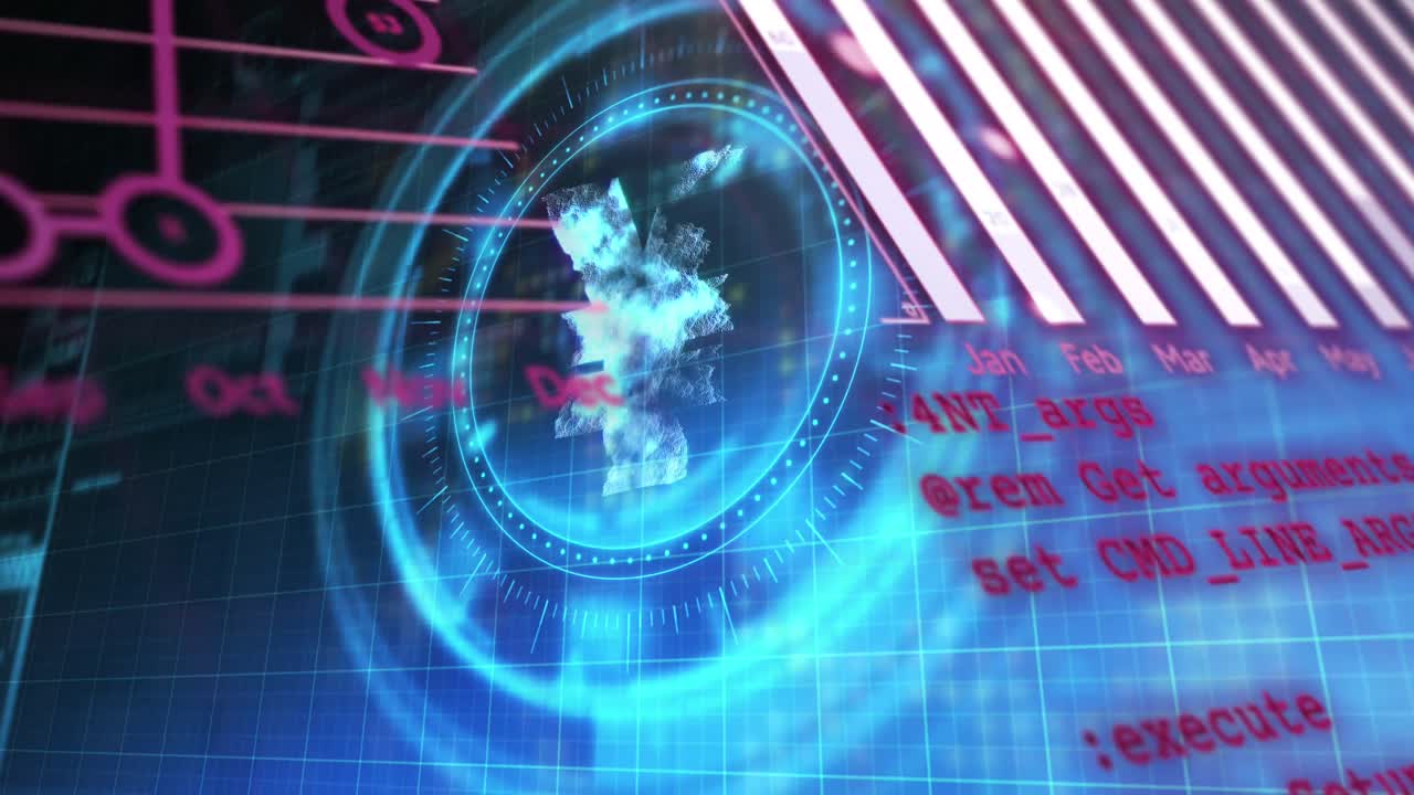 procesamiento de datos estadísticos y símbolo del yen sobre un escáner redondo contra un fondo azul