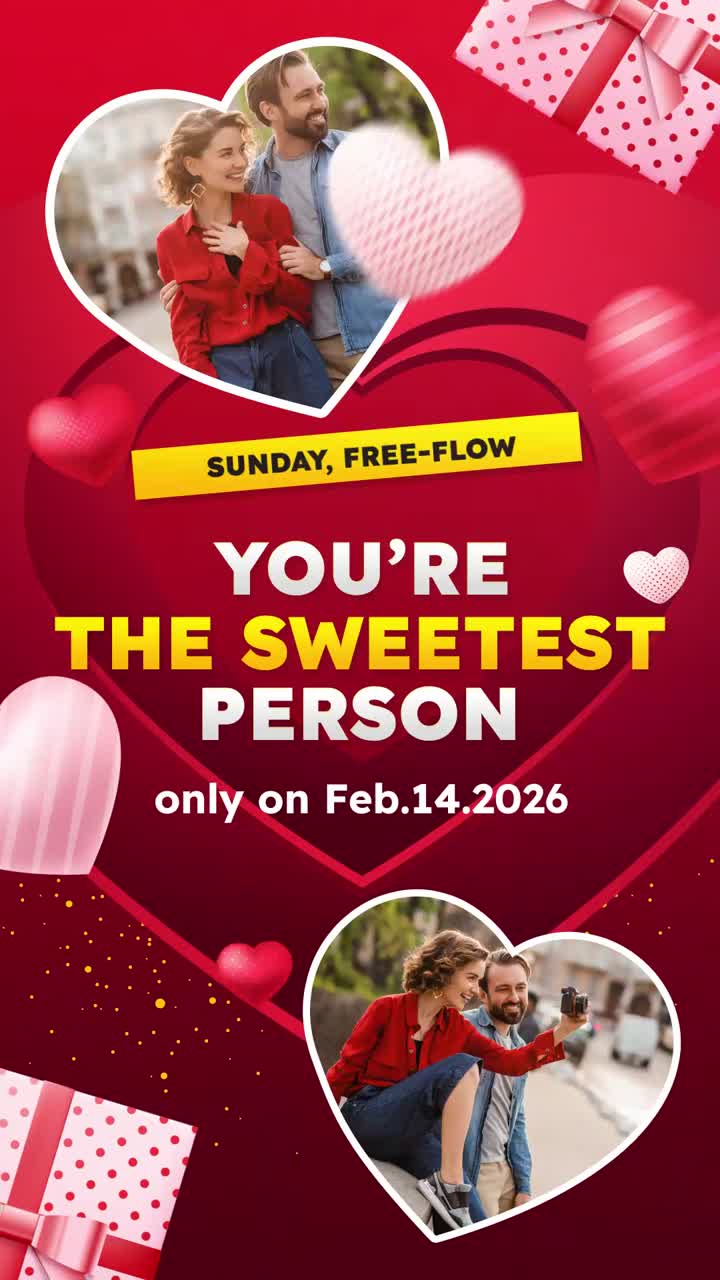 Animeret Valentinsdaghilsen med parbilleder og hjerter.