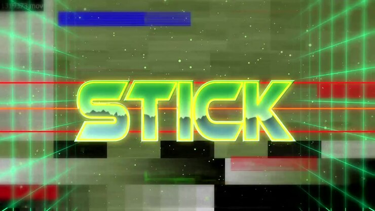 Flickering glitch effect starting sequence revealing neon STICK logo in 3D grid, with glitch bars