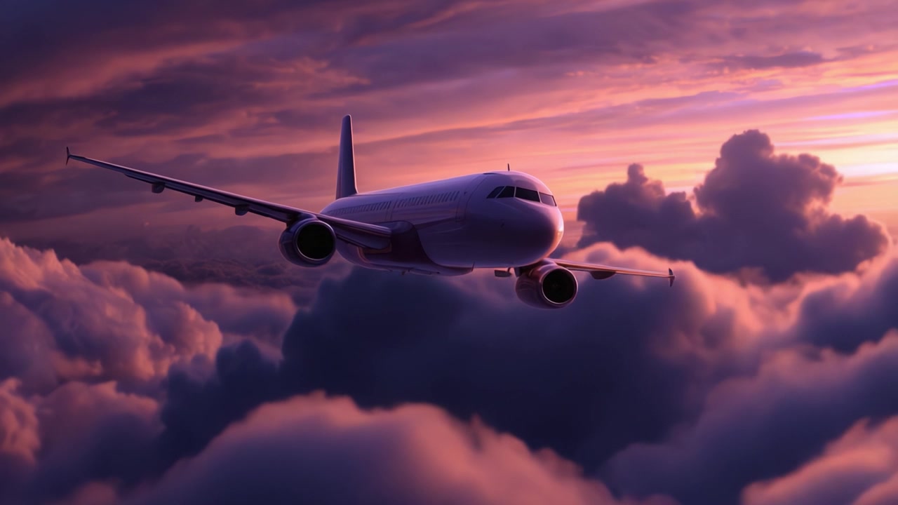 Un maestoso aereo che plana tra nuvole vibranti al tramonto, immortalando la bellezza del viaggio aereo e la tavolozza della natura in colori celesti mozzafiato.