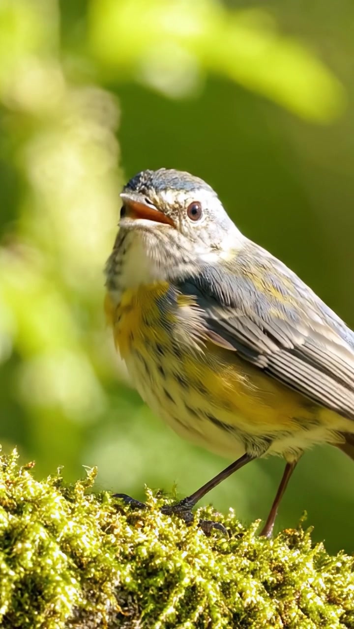 Un bellissimo primo piano di un uccello colorato appollaiato su un ramo muschioso, che mette in mostra le sue piume vivaci e le sue caratteristiche uniche su uno sfondo verde lussureggiante
