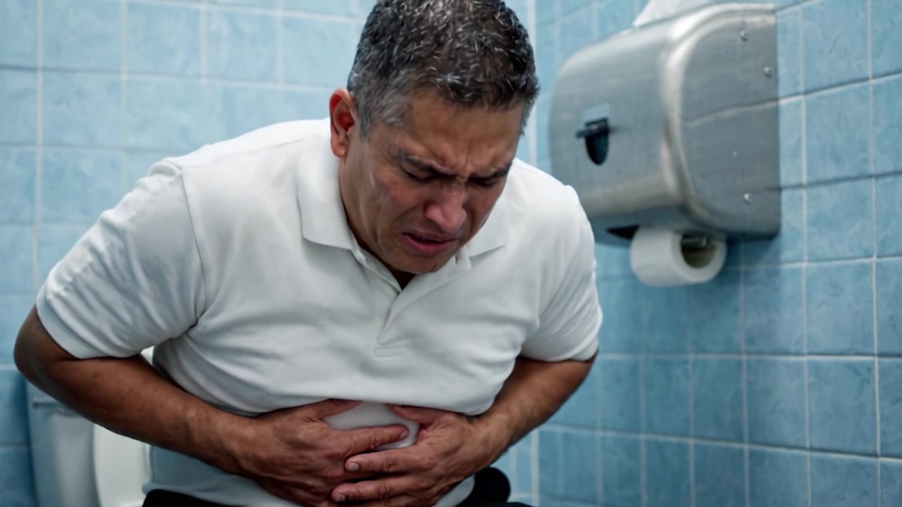A Man Experiencing Severe Abdominal Pain in a Bathroom: Highlighting the Struggles of Gastrointestinal Discomfort and the Need for Relief