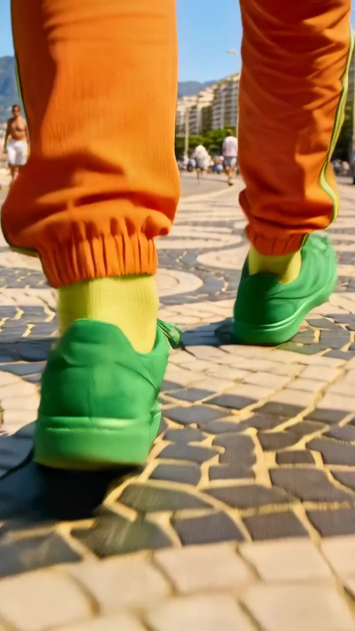 Vertical video: Striking heel starting man walking to beach with green sneakers and orange pants