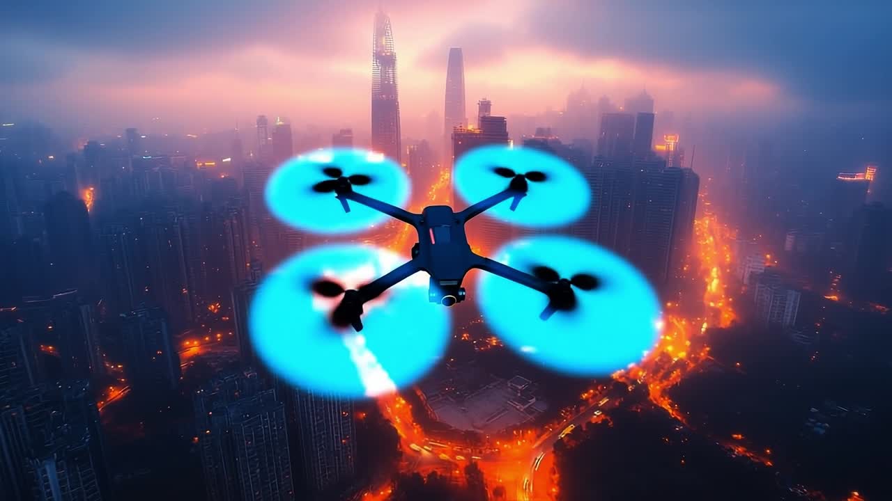 Drone flying over a city at twilight. A drone hovers above a vibrant cityscape during twilight as city lights illuminate the surroundings.